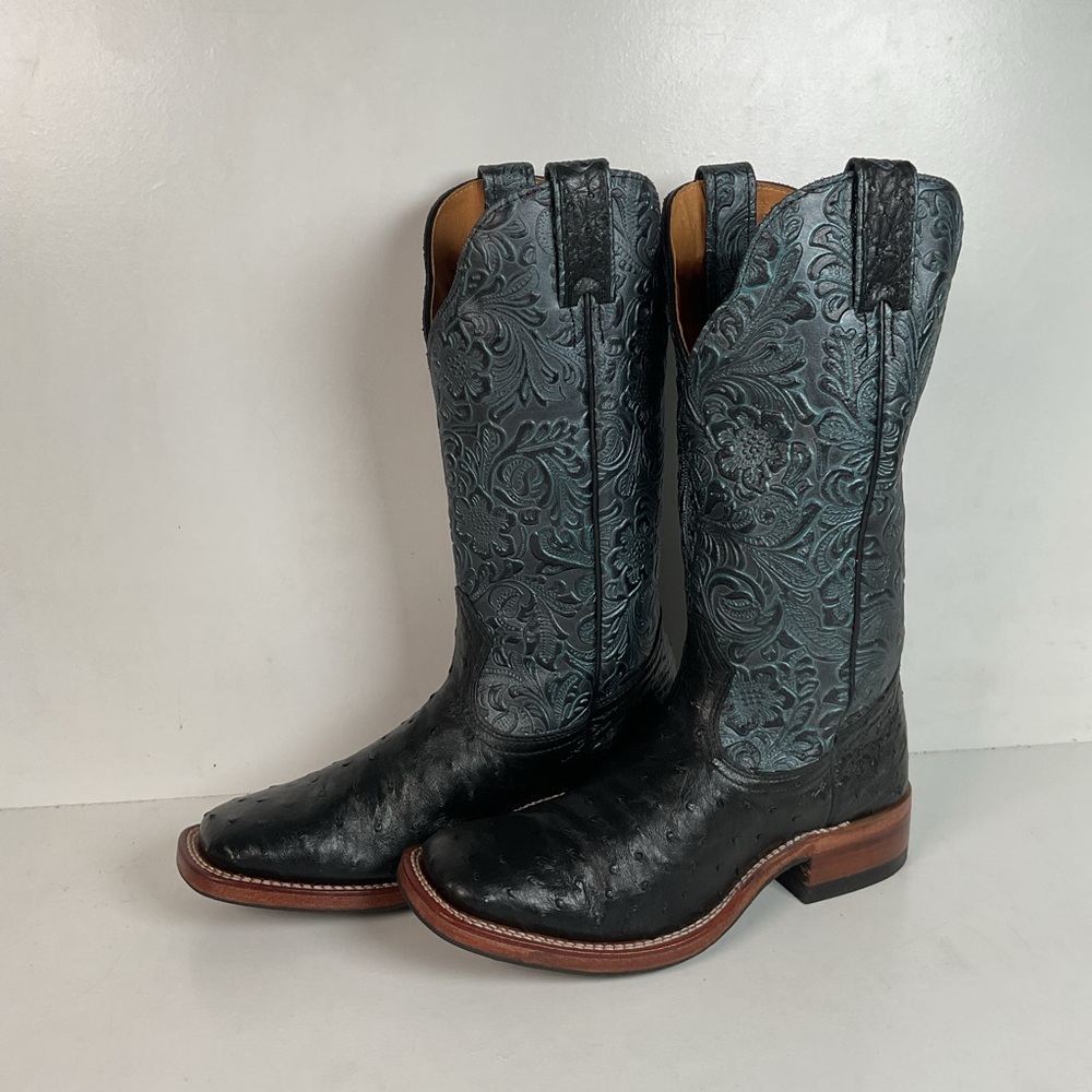 Boulet Tooled Ostrich Quill Cowgirl Boots 7 C Square Toe Exotic